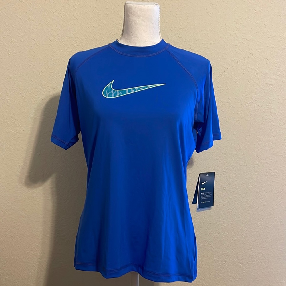 NWT, NIKE, Nike Swim Tee, Women, Short sleeves, Large, blue color.